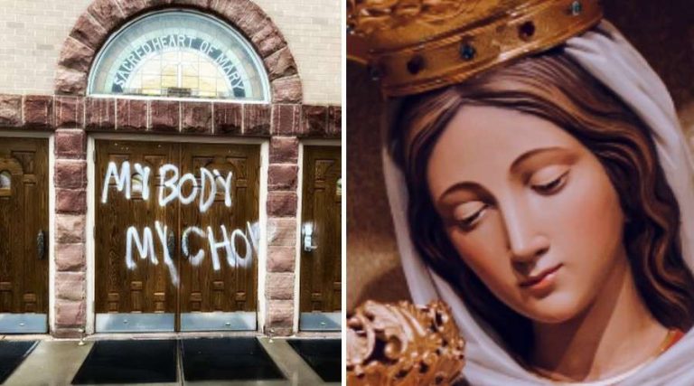 They paint a church dedicated to the Virgin Mary with phrases in favor of abortion and against Catholics